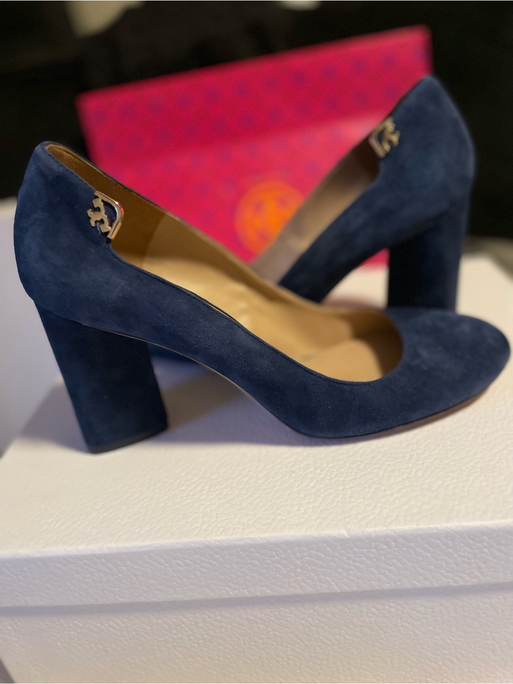 Tory Burch Suede Block Heel Pump in Navy Blue with Gold Accent